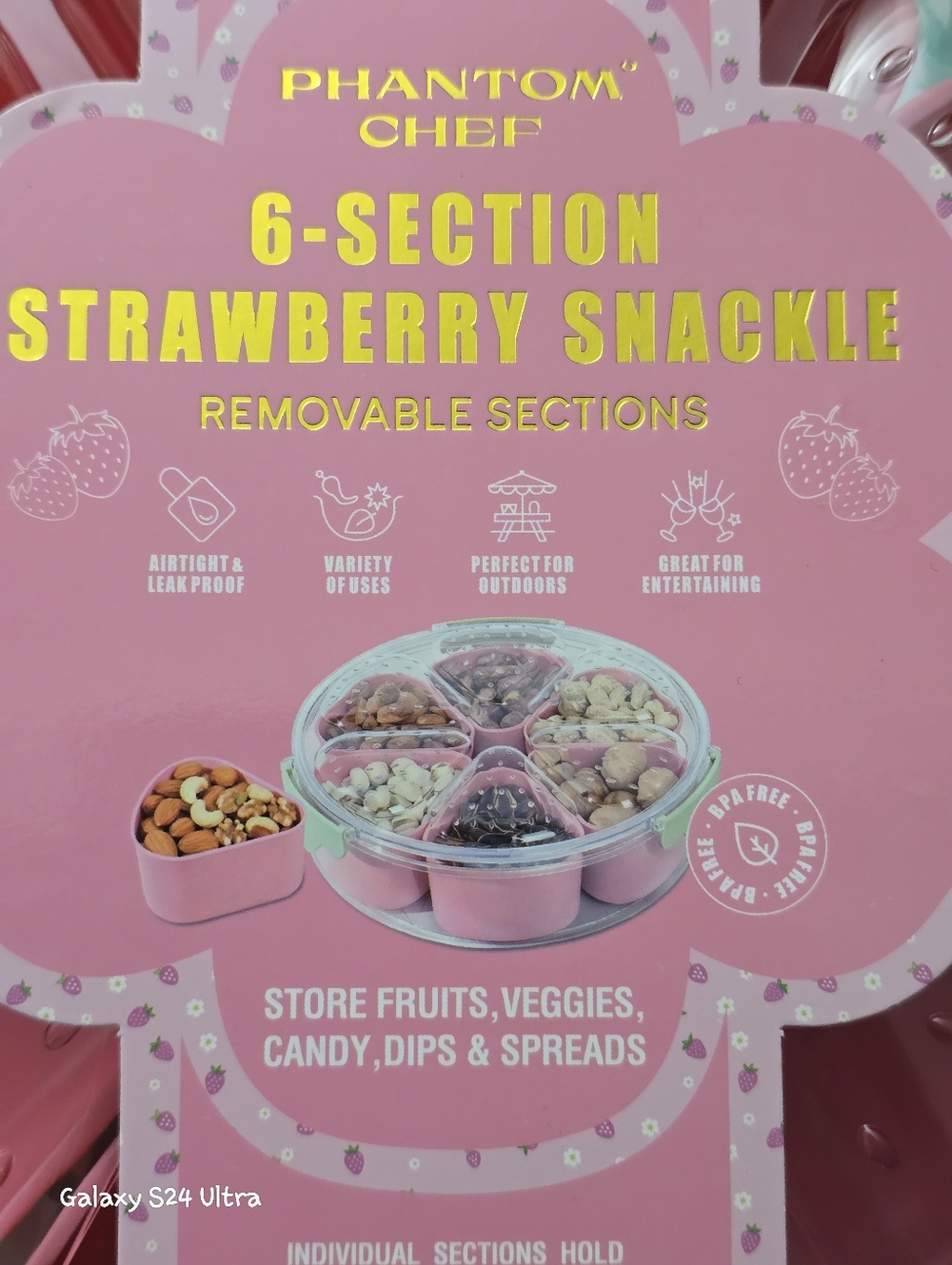 6 Compartment Strawberry Decor Snackle Box w/ Lid/ Handles NEW